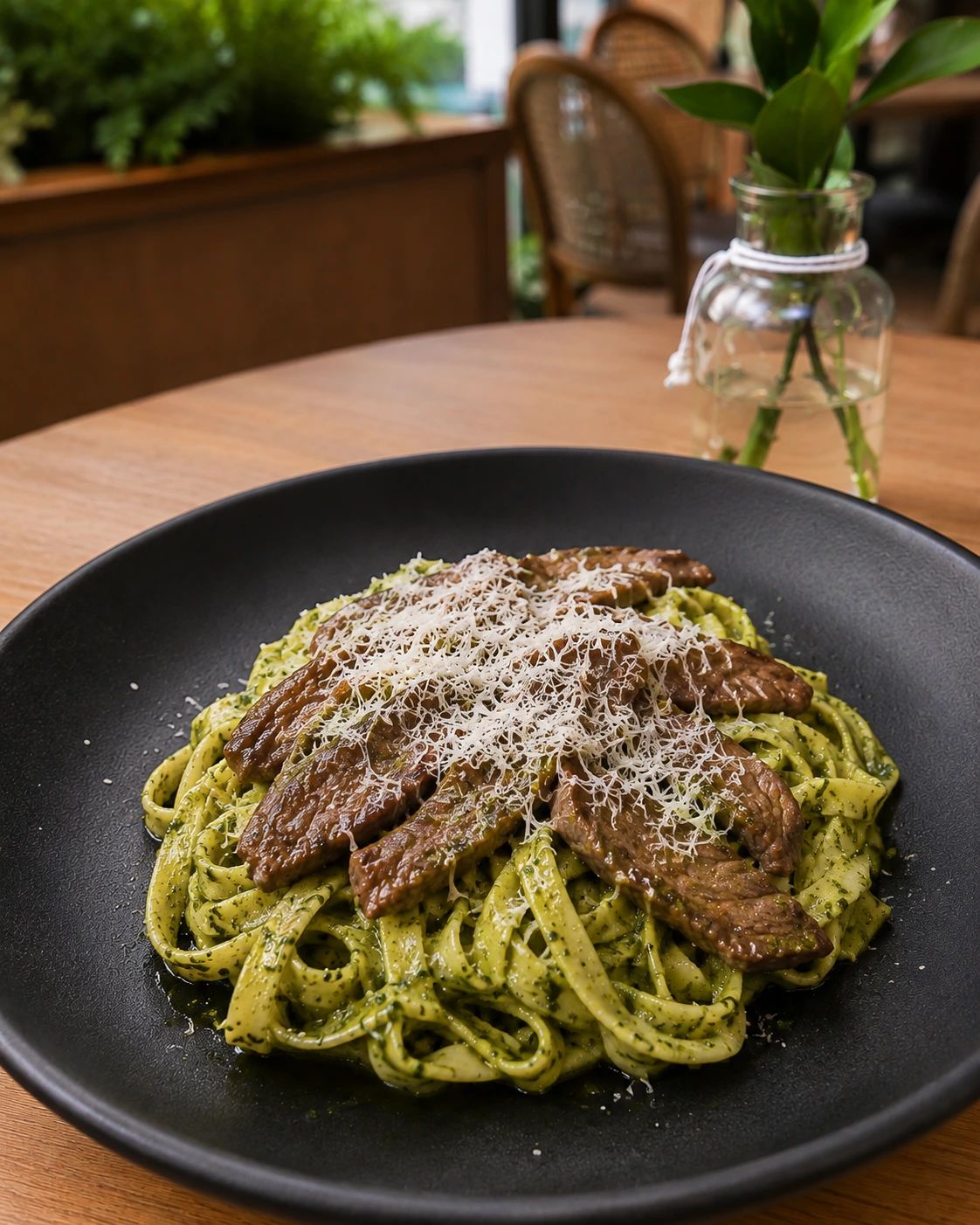 Fetuccini al Pesto (Con lomo fino)