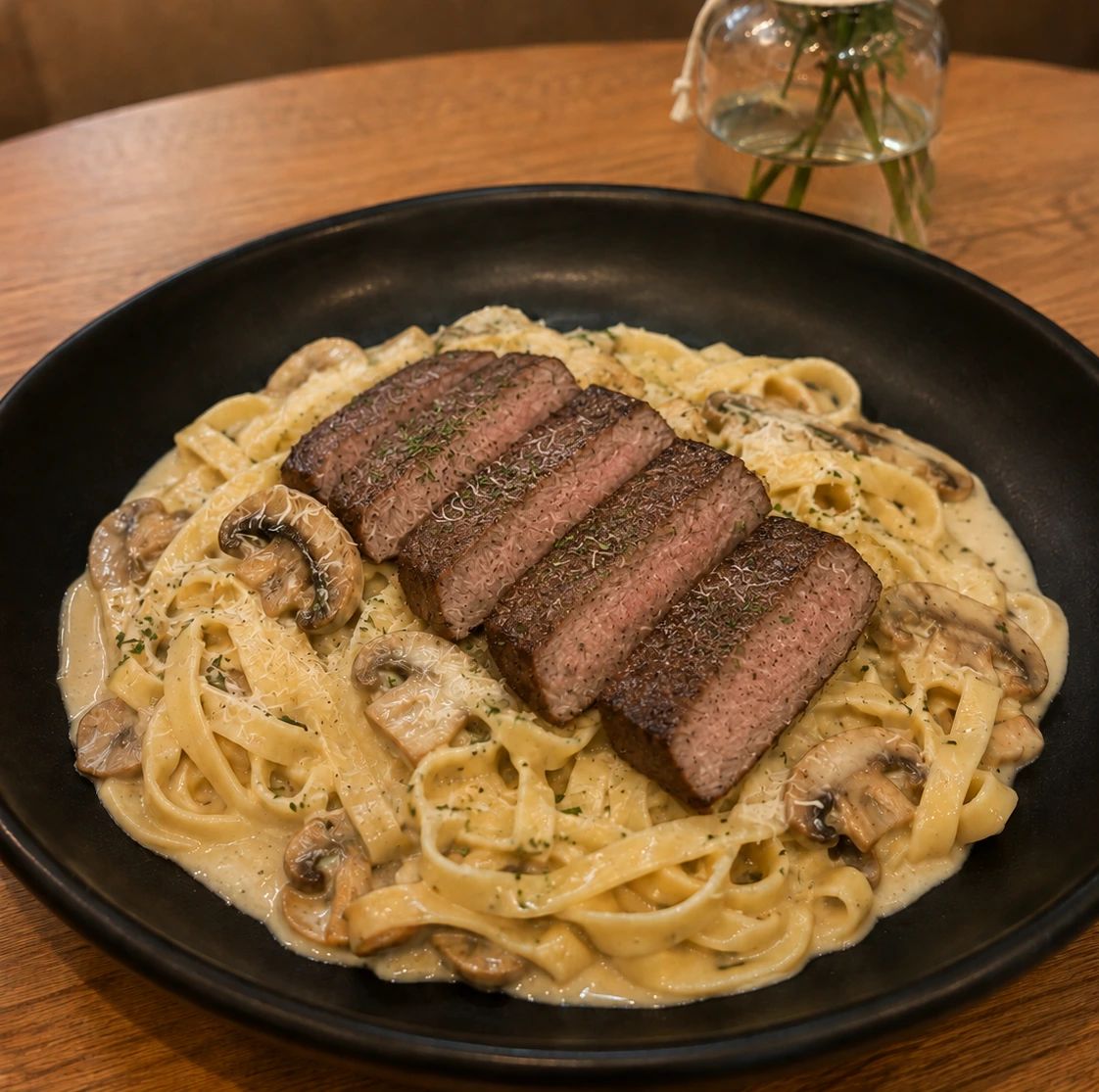 Fetuccini con Champiñones en Salsa Blanca (Con lomo fino)