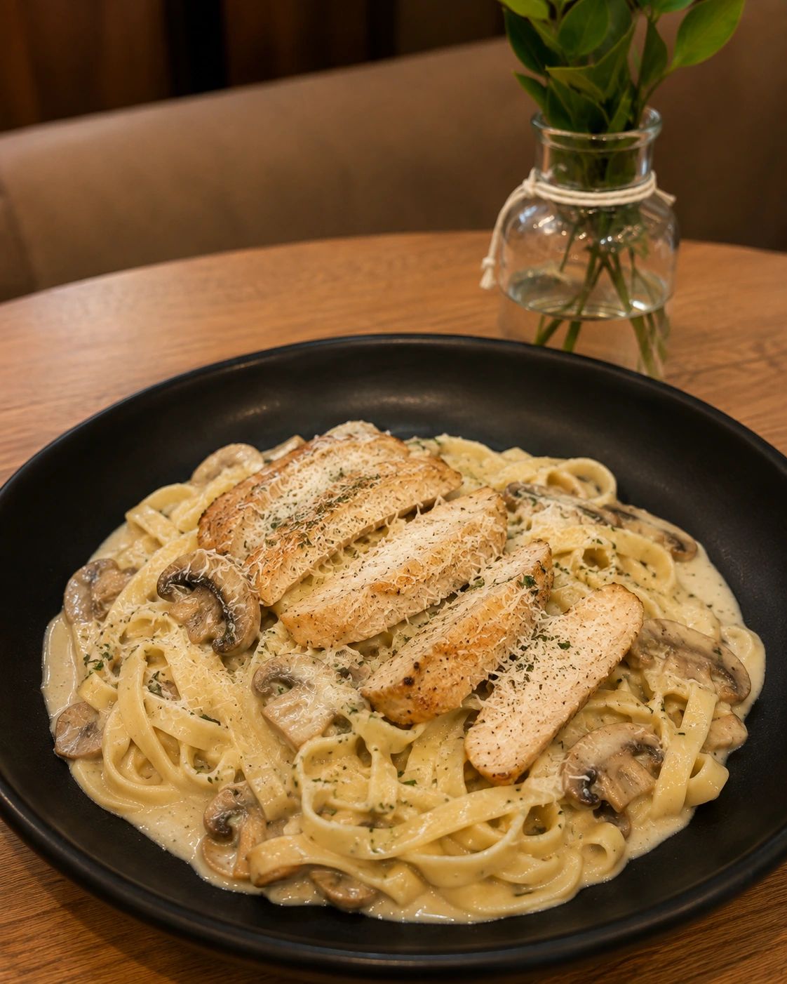 Fetuccini con Champiñones en Salsa Blanca (Con pollo a la plancha)