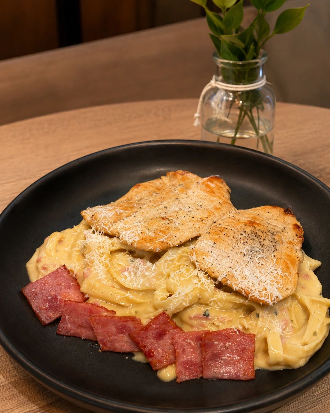 Fetuccini con Tocino en Salsa Blanca (Con pollo a la plancha)